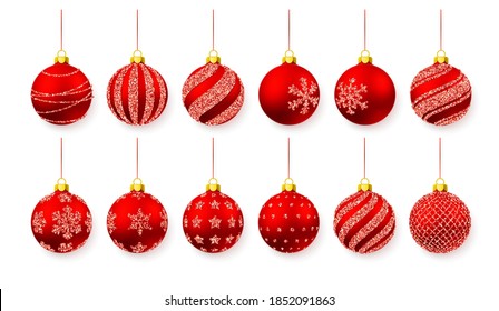 Red shiny glitter glowing and transparent Christmas balls. Xmas glass ball. Holiday decoration template. Vector illustration.