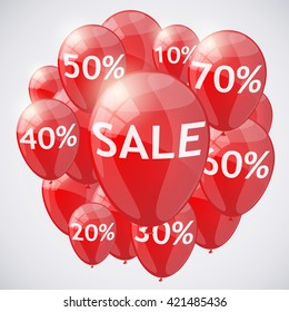 Red shiny glossy balloons discounts. Sale balloons. Vector illustration.