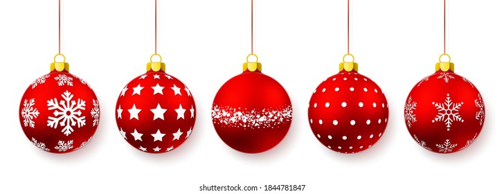 Red shiny glowing Christmas balls. Xmas glass ball. Holiday decoration template. Vector illustration.