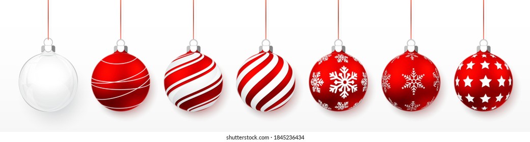 Red shiny glowing Christmas balls. Xmas glass ball. Holiday decoration template. Vector illustration.