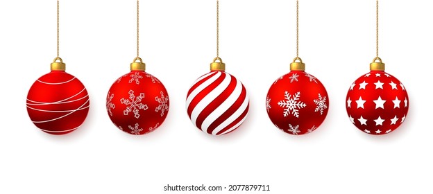 Red shiny glowing Christmas balls. Xmas glass ball. Holiday decoration template. Vector illustration.