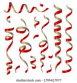 Bandejas retorcidas de gradiente brillante rojo. Decoración para fiesta de carnaval, evento de vacaciones, cumpleaños, día de San Valentín, Año Nuevo, Navidad, ceremonia de bodas. Ilustración del vector