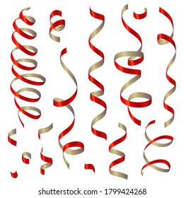 Red shiny gradient twisted ribbons set. Decoration for carnival party, holiday event, birthday, Valentines day, New Year, Christmas, Wedding ceremony. Vector illustration