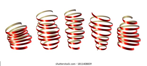 Red shiny gradient twisted ribbons set. Decoration for carnival party, holiday event, birthday, Valentines day, New Year, Christmas, Wedding ceremony. Vector illustration