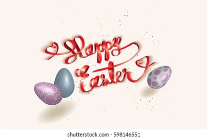 Red shiny Happy Easter ribbon with Easter eggs and confetti isolated on a light background. Vector illustration.