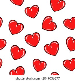 Red shiny hears seamless vector pattern on white background.