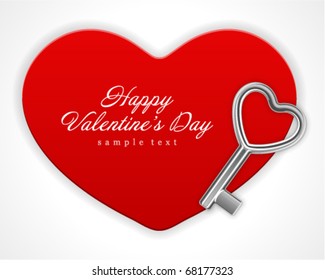 Red shiny heart card with key Valentine's day vector background