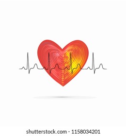 Red shiny heart with ecg line isolated on the white background. Healthcare and medicine concept. Vector illustration.