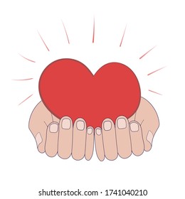 Red shiny heart in the hands. Heart in caring human palms. Care about feelings. Isolated vector hand drawn illustration. Concept idea for design about love caring, insurance, for print, element design