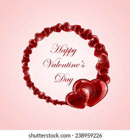 Red shiny hearts on pink Valentines background, illustration.