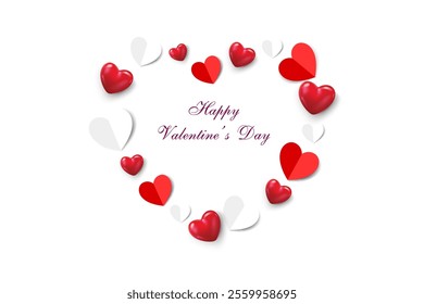 red shiny hearts and paper cut hearts decorative heart pattern white background top view.valentine'day and mother's day and lovely concept celebration background,greeting card vector illustration.