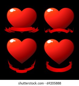 Red shiny hearts with scrolls over black