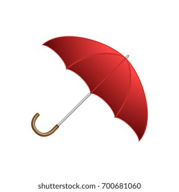 Red shiny open umbrella, typical autumn accessory, cartoon style vector illustration isolated on white background. Cartoon style red open shiny umbrella, fall, autumn season object