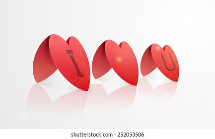 Red shiny paper folded hearts with text I Love You for Happy Valentine's Day celebration on white background.