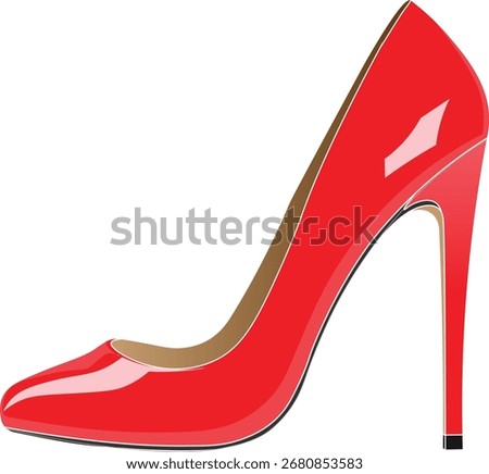 Red shiny pump high heels side view vector illustration. 