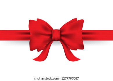 Red shiny satin bow and ribbon realistic vector illustration isolated on white background.