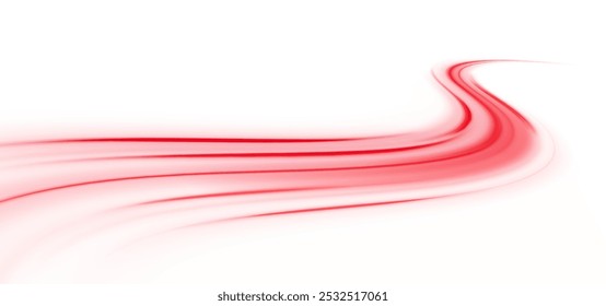 Red shiny sparks of spiral wave. A curved bright line of speed is spinning. Shiny wavy path. Rotating dynamic neon circle. Magic red swirl with highlights. Glowing swirl bokeh effect. vector