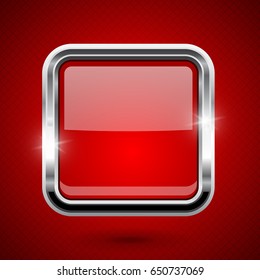 Red shiny square button with chrome frame. Glass web icon. Vector 3d illustration on red background.