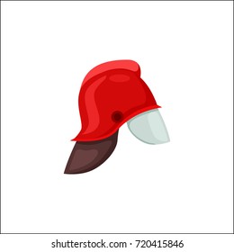 Red shiny traditional firefighter's helmet with protection glass in front. Vector illustration of icon of fireman's equipment isolated on white background