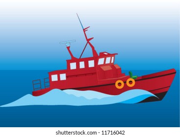 The red ship going on the ocean