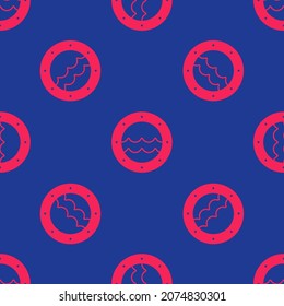 Red Ship porthole with rivets and seascape outside icon isolated seamless pattern on blue background.  Vector