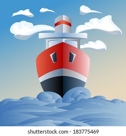 red ship in the sea, clouds and waves