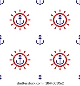 Red Ship steering wheel and blue anchor icon isolated seamless pattern on white background. Vector illustration