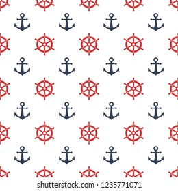 Red ship wheel and blue anchor seamless pattern print. Marine vector seamless pattern design. Nautical print.