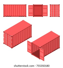 The red shipping container. Flat and isometric styles. Open and closed case. Storage and delivery of cargo. Vector illustration.