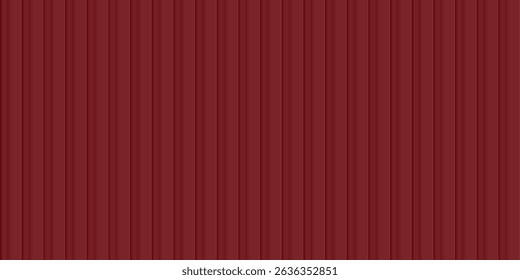Red shipping container wall. Seamless vertical metal panel texture with embossed ridges and industrial design. Cargo container backdrop. Realistic vector illustration.