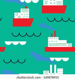 Red ships at the sea. Vector seamless pattern