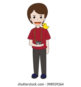 The red shirt boy with camera and little duck.