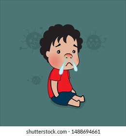 The red shirt boy has a running nose from colds. On a green background.
