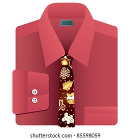 red shirt with festive christmas tie isolated on white