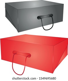 Red shoe box and gray shoe box with handle.