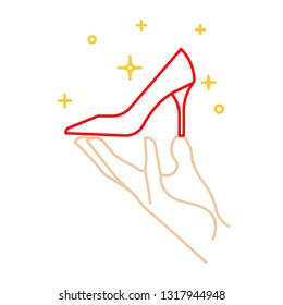 Red shoe high heel in hand. Vector isolated illustration.