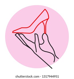 Red shoe high heel in hand. Vector isolated illustration.