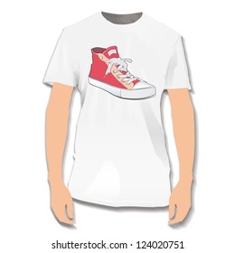 Red shoe printed on white shirt. Vector design.