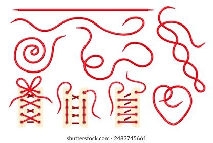 Red shoelaces. Isolated footwear lacing, bright strings foot cord knot band pull rope for sport boot walk garment twist textile laces clothing, neat collection vector illustration
