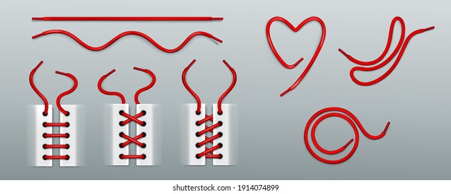 Red shoelaces, lacing by ropes in sneakers different ways. Vector realistic set of footwear cords in shape of heart, swirl, wavy and straight line. Boots or shoes with strings isolated on background svg