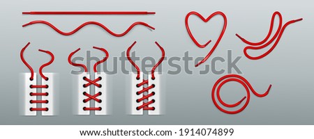 Red shoelaces, lacing by ropes in sneakers different ways. Vector realistic set of footwear cords in shape of heart, swirl, wavy and straight line. Boots or shoes with strings isolated on background