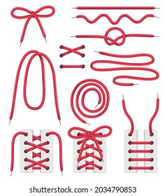 Red shoelaces spiral curly coiled wavy realistic set with shoes corset lacing patterns on white vector illustration