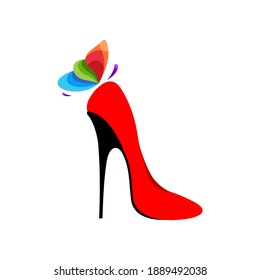 red shoes with butterfly decoration for women's fashion logo.