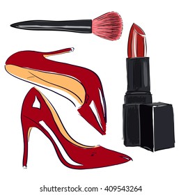 Red shoes and cosmetics set