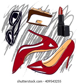 Red shoes and cosmetics sketch set