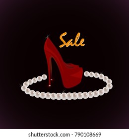 Red shoes and a necklace of pearls on a claret background. Sale of expensive female valuables. Bright beautiful vector illustration.