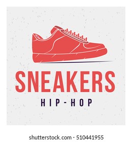 Red shoes on grey background and the words: sneakers and hip-hop. Vector image. The concept of street art. Vintage. Can be used as graffiti, prints, posters, printed materials.