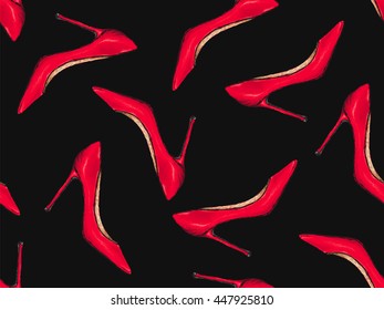 Red shoes pattern. High heels women footwear background. Doodle female pump shoe. Pencil effect vector texture for clothes fabric. Trendy fashion poster.
