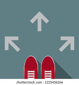 Red shoes standing at the crossroad vector flat design.