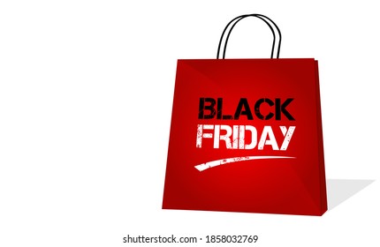 Red shop black friday tote bag with black and white text and white background. Vector illustration.